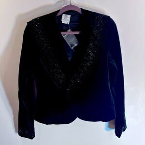 LAURA ASHLEY Sz 14 Black Velvet Blazer with Embellished Beaded Lapels NWOT